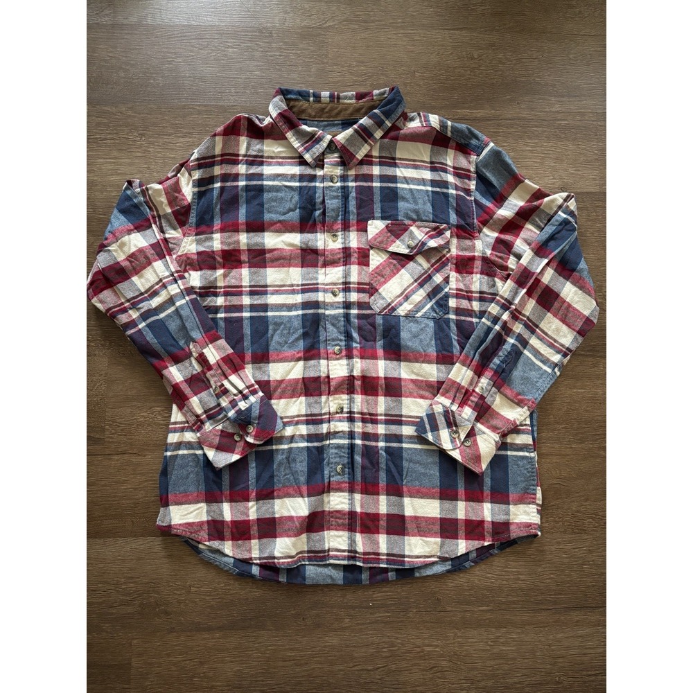 CQR Flannel Shirt Mens 2XL Plaid Red Blue White‎ Turn Up Cuffs Soft Outdoor
